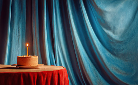 A round cake sits on a red tablecloth, with one candle lit on top. Soft blue curtains frame the backdrop, creating a warm and inviting atmosphere suitable for a celebration.の素材
