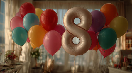 Brightly colored balloons fill a room, creating a festive atmosphere for an eight-year-olds birthday celebration. The large number eight glimmers among the vibrant decorations.の素材