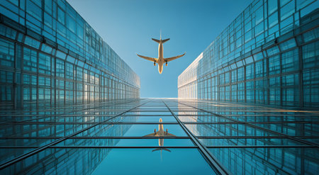 A commercial airplane ascends in the sky while positioned between two glass skyscrapers, capturing the essence of urban life and air travel in a bustling metropolis.の素材