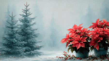 Bright red poinsettia flowers stand out against a misty winter backdrop with tall evergreen trees partially obscured by fog and snow.の素材
