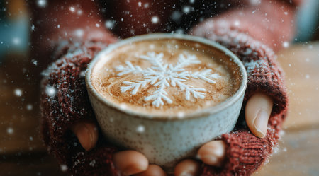 Hands in knitted gloves hold a warm drink with a snowflake design, surrounded by falling snow, bringing a feeling of coziness and winter cheer.の素材