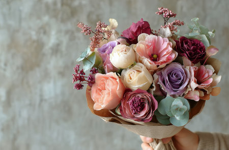 A person holds a colorful bouquet filled with various flowers including roses and eucalyptus. The arrangement stands out against a neutral textured backdrop, creating a serene atmosphere.の素材