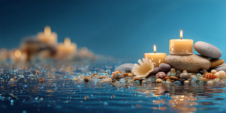 Three lit candles rest on a stack of smooth stones surrounded by various pebbles in shallow water, reflecting a calming blue light during the twilight hour.の素材