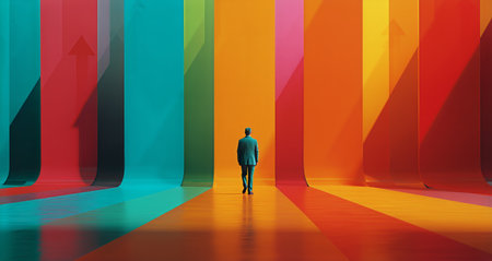 A person stands alone in a corridor filled with bright and vivid colors, surrounded by vertical geometric patterns that create a sense of depth. The lighting highlights the vibrant hues.の素材