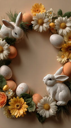 Bright and cheerful decorations highlight Easter with pastel eggs, bunnies, and flowers. The arrangement captures the essence of spring, making it perfect for festive gatherings.の素材