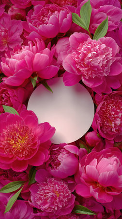 A vibrant assortment of pink and red peonies surrounds a blank circular center, perfect for adding a personalized message or label. Ideal for events and special occasions.の素材