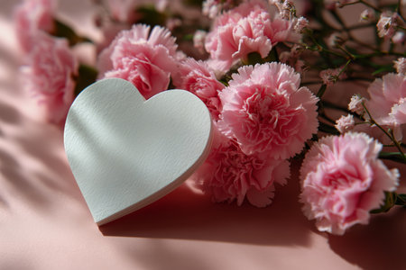 A heart shape in white sits beside delicate pink flowers on a softly colored surface, creating a gentle and romantic atmosphere during morning light.の素材