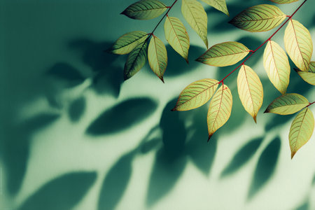 Sunlight illuminates vibrant green leaves, creating intricate shadows on a teal surface that enhances their natural beauty and texture.の素材