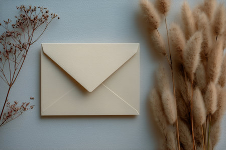 A cream-colored envelope rests on a cozy knitted fabric, accompanied by delicate dried flowers. The warm tones create a serene and inviting atmosphere.の素材