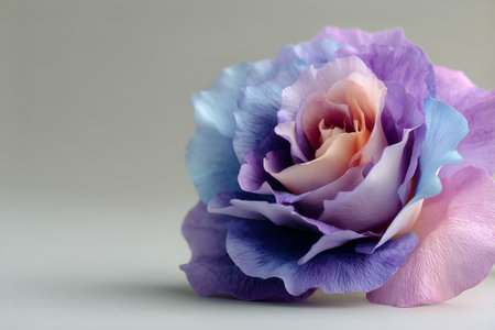 A beautiful rose with delicate petals showcasing a blend of purple and pink hues rests gently on a smooth surface, exuding charm and sophistication in soft lighting.の素材