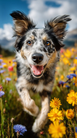 A happy dog with a blue merle coat joyfully runs through a field of bright wildflowers on a sunny day, surrounded by natures beauty and a clear blue sky.の素材