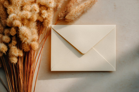 A simple white envelope is placed on a light surface next to a bundle of dried grass, creating a minimalist and inviting composition perfect for stationery lovers.の素材