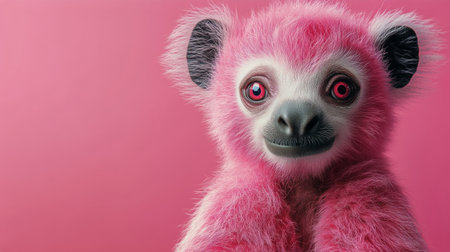 This adorable pink creature with large eyes poses playfully against a bright pink backdrop, showcasing its fluffy fur and charming expression in a fun and whimsical setting.の素材