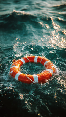 A bright orange lifebuoy with white stripes floats on the surface of calm ocean waters at sunset, creating a striking contrast against the deep blue waves.の素材