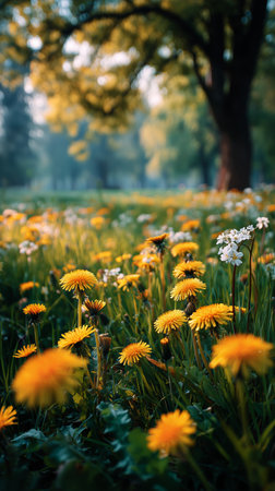 A lush park filled with vibrant yellow flowers and white blossoms basking in soft golden light. Tall trees surround the area, creating a peaceful natural environment.の素材