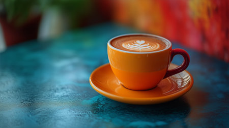 A bright orange coffee cup filled with fragrant latte art sits on a matching saucer. The table features colorful textures, creating a warm and inviting atmosphere for coffee lovers.の素材
