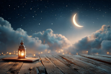 A lantern casts a warm glow on a wooden surface as a crescent moon hangs above amidst a sky filled with stars and soft clouds during nighttime.の素材