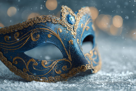 A decorative blue mask with intricate gold detailing lies on a snowy surface. In the background, colorful lights create a festive atmosphere, suggesting a celebration.の素材