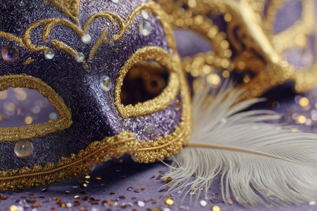Intricate purple and gold mask with shimmering details rests beside a delicate white feather, surrounded by glitter on a festive table, creating a celebratory atmosphere.の素材