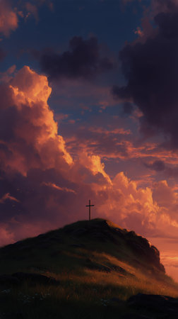 A cross sits atop a grassy hill as vibrant colors fill the sky at sunset. The dramatic clouds reflect shades of orange and purple, creating a peaceful atmosphere.の素材