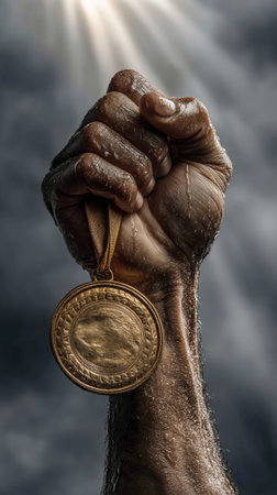 A strong hand grips a gold medal, glistening with moisture. The background features a cloudy sky with beams of light creating a powerful atmosphere of achievement and triumph.の素材