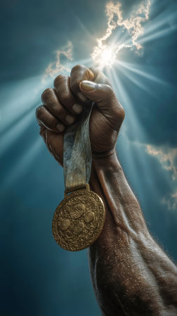 A strong hand grips a gold medal, glistening with moisture. The background features a cloudy sky with beams of light creating a powerful atmosphere of achievement and triumph.の素材