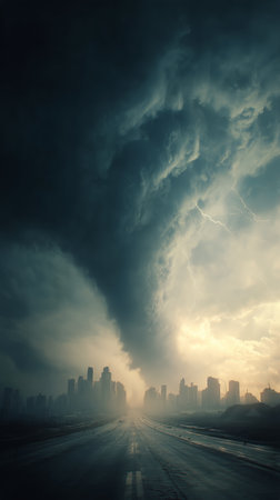 A dramatic storm cloud swirls above a city skyline during sunset, casting a moody light over buildings. Lightning flickers as dark clouds gather ominously in the sky.の素材