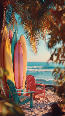 Brightly colored surfboards are leaned against palm trees by the beach. Two chairs are set up in the sand, inviting relaxation as the waves roll in.の素材