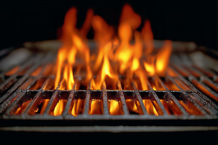 Juicy cuts of meat are cooking on a hot grill, surrounded by lively flames, creating a mouth-watering atmosphere during a summer barbecue.の素材