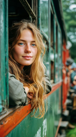 A young woman with long hair leans out of a vintage train window, taking in the picturesque landscape of green hills and colorful rail cars. Travel evokes joy and adventure.の素材