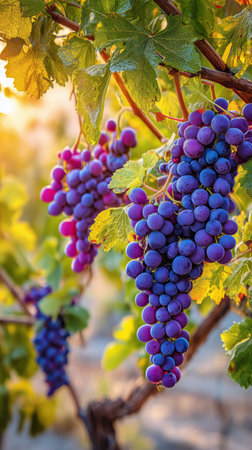 Ripe grapes hang gracefully from lush vines in a stunning vineyard during sunset. The warm light creates a vibrant atmosphere, highlighting the beauty of nature and agriculture.の素材