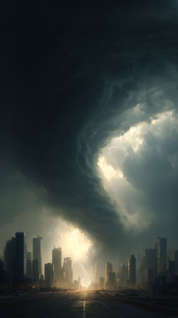 A dramatic storm cloud swirls above a city skyline during sunset, casting a moody light over buildings. Lightning flickers as dark clouds gather ominously in the sky.の素材