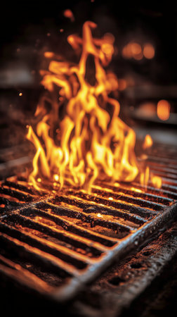 Flames rise high from a charcoal grill in a backyard setting, creating an inviting atmosphere as dusk falls and the aroma of grilling fills the air.の素材