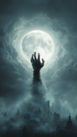 A skeletal hand emerges from the fog in a graveyard, silhouetted against a full moon, creating an eerie atmosphere at midnight. The scene evokes feelings of mystery and fear.の素材
