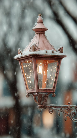 A vintage lamp post casts a warm glow as snow gently falls around it, surrounded by blurred trees and soft bokeh lights in a peaceful winter landscape.の素材