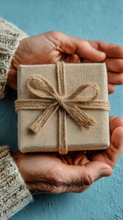 Two hands gently cradle a square gift wrapped in burlap twine, showcasing the thoughtful presentation against a soft blue backdrop in a cozy setting.の素材