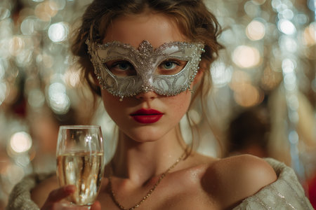 A woman wearing an ornate mask enjoys a drink at an elegant gathering. The shimmering background adds a glamorous touch to the festive atmosphere of the event.の素材
