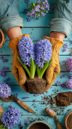 Hands in yellow gloves cradle blooming purple flowers, surrounded by soil, tools, and scattered petals on a blue wooden table, creating a cheerful gardening atmosphere.の素材
