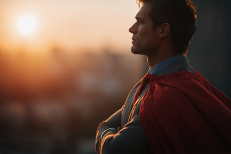 A hero stands with arms crossed, gazing into the distance. The sun sets behind a city skyline, casting a warm glow on the scene. The tranquil atmosphere evokes a sense of hope.の素材