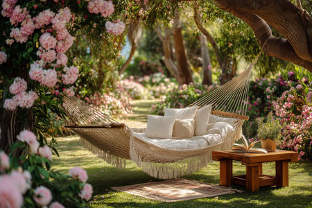 A peaceful garden features a comfortable hammock draped with soft pillows, surrounded by blooming flowers under trees during golden hour. A small table holds drinks and books.の素材