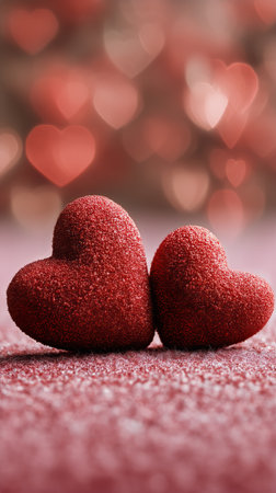 Two red hearts shine with glitter against a soft, heart-shaped backdrop, creating a romantic atmosphere perfect for special occasions.の素材