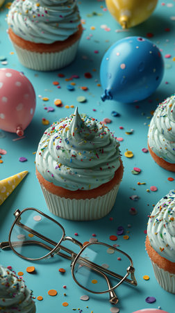 Colorful cupcakes with swirls of blue frosting and sprinkles sit on a table decorated for a festive celebration with balloons in the background and playful party accessories.の素材