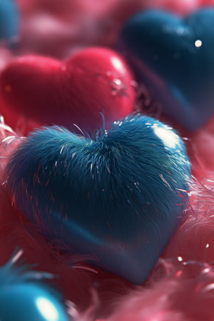 Fluffy hearts in various colors rest on a pink surface adorned with sparkling decorative elements. This whimsical arrangement adds a cheerful touch.の素材