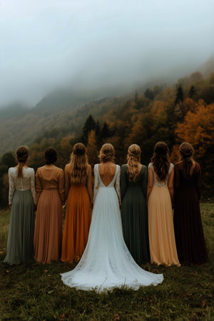 Women wearing long dresses in shades of autumn colors stand united, facing a scenic view of misty mountains and vibrant foliage. The calm atmosphere captures a serene moment.の素材