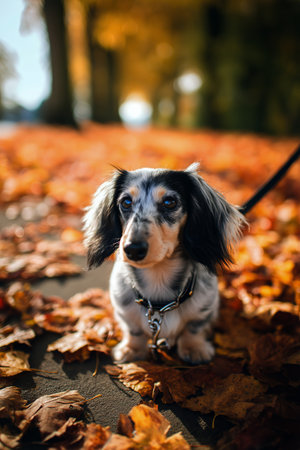 A dachshund stands on a carpet of fallen leaves, basking in the warm autumn sunlight.の素材