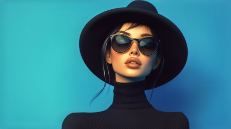 A fashionable woman poses confidently wearing large sunglasses and a wide-brimmed hat. The vibrant blue background enhances her sleek look, showcasing modern style and elegance.の素材