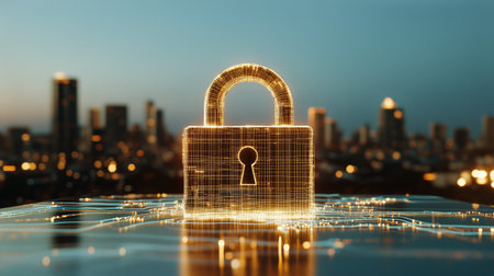 A glowing digital lock stands prominently on a reflective surface, representing cybersecurity concepts against a blurred city skyline during sunset, showing casing technological themes.の素材