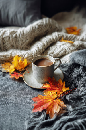 A warm coffee cup rests on a saucer among vibrant autumn leaves, nestled on a cozy knitted blanket, inviting a moment of comfort and relaxation.の素材
