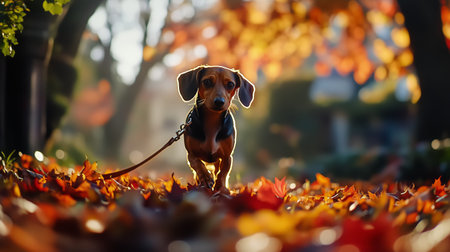 A dachshund strolls through a carpet of vibrant autumn leaves in a tranquil neighborhood at sunset, showing the beauty of the season with warm light reflecting off the foliage.の素材
