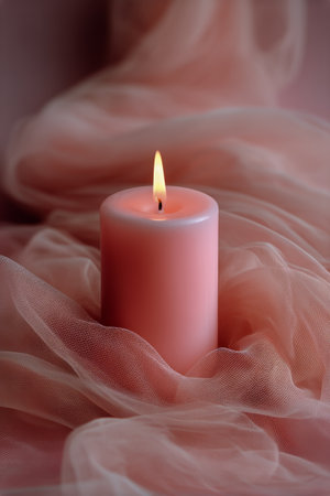 A soft pink candle emits a warm glow while resting on sheer fabric, creating a calming atmosphere during a peaceful evening moment of reflection and relaxation.の素材